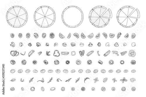 Pizza set, sketch style. Top view. Design template. Collection of pizza with ingredients. Engraved style illustration. Great for menu, poster or label. Vector.