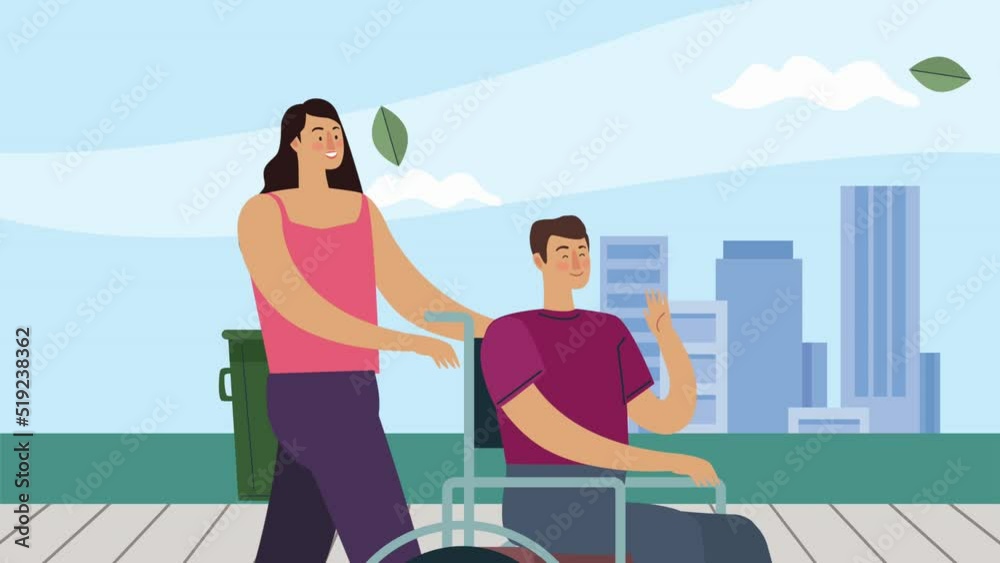 disabled man in wheelchair with helper disabled man in wheelchair with helper