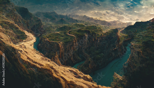 Canyon, a deep river valley with very steep, often sheer slopes and a narrow bottom. Fantasy mountain landscape, mountain river, fog, top view. 3D illustration. © MiaStendal
