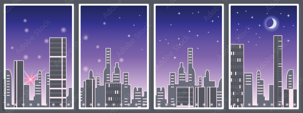 Panorama of a big city, high-rise buildings, the rising sun and the moon high in the sky