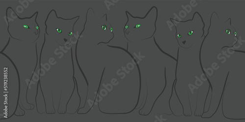 Photography Several black green-eyed cats on a black background