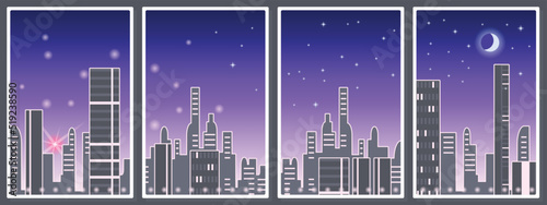 Panorama of a big city, high-rise buildings, the rising sun and the moon high in the sky