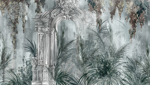 watercolor tropics with columns on a textured background with leaves with watercolor elements draw photo wallpaper in the interior