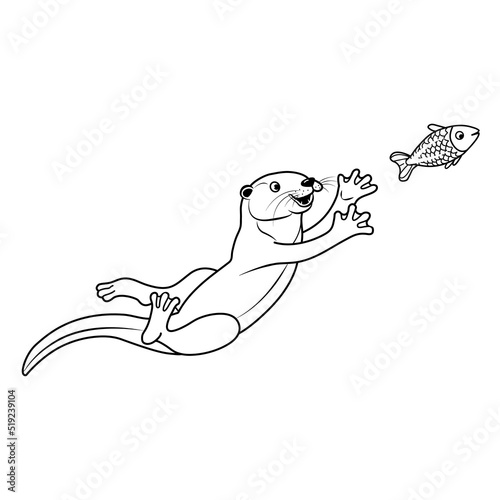 Vector hand drawn outline sketch cute otter isolated on white background. Happy otter swimming and catch fish. Black and white animal illustration.