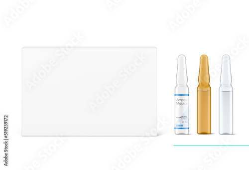 Set of transparent and amber glass ampoule mockup with box. Vector illustration isolated on white background. Can be use for medicine, cosmetic and other. Ready for your design. EPS10.