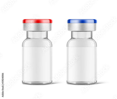 Transparent glass bottles for injections mockup. Vector illustration isolated on white background. Can be use for medicine, cosmetic and other. Ready for your design. EPS10.