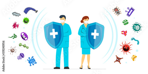 Health care and epidemiology banner concept. Doctor man and nurse woman with shields protect from viruses and germs. Infection prevention and protection. Medical workers on people immunity guard. Eps