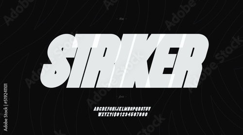 Vector striker font bold style modern typography for decoration, logo, poster, t shirt, book, card, sale banner, printing on fabric, industrial. Cool typeface. Trendy alphabet. 10 eps