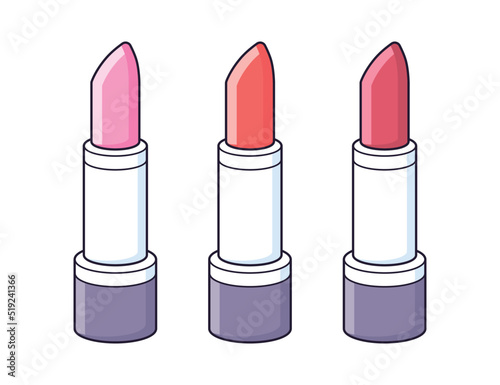 Pink, red and dark berry color lipstick isolated, cosmetics and make-up vector set.