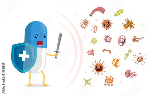 Pharmaceutical pill protects health and fights contagious viruses and germs. Character strong medicine with medical shield and sword protect from pathogenic bacteria. Antibiotic drug healthcare vector