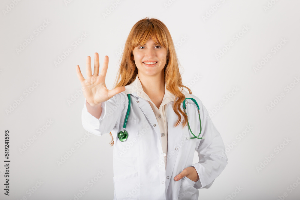 Happy young woman doctor five tips concept. Happy young woman doctor five tips concept.