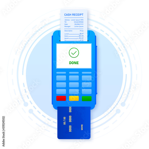 Purchase of goods and payment through the terminal. Credit card in the terminal and cash recipe. Vector illustration.