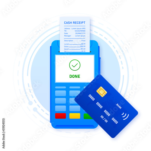 Purchase of goods and payment through the terminal. Credit card in the terminal and cash recipe. Vector illustration.