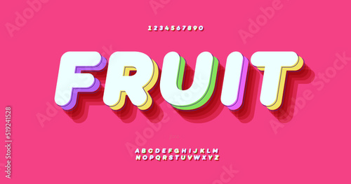 Fresh fruit 3d bold colorful style modern typography for decoration, logo, poster, t shirt, book, card, sale banner, printing on fabric, industrial. Cool typeface. Trendy alphabet. 10 eps