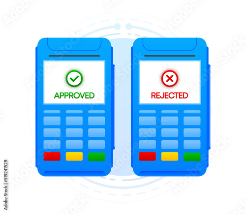 Purchase of goods and payment through the terminal. Payment passed or failed. Vector illustration.