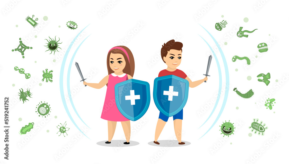 Children health care and epidemiology concept. Young boy and girl with shields protect from viruses and germs. Kid prevention and protection infection. Strong immunity in childhood vector illustration Children health care and epidemiology concept. Young boy and girl with shields protect from viruses and germs. Kid prevention and protection infection. Strong immunity in childhood vector illustration