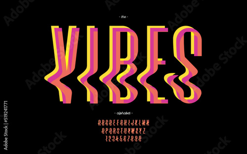 Vector vibes font modern colorful style trendy typography for decoration, logo, summer party poster, t shirt, book, card, banner, printing, stamp. Cool alphabet. Trendy typeface. 10 eps