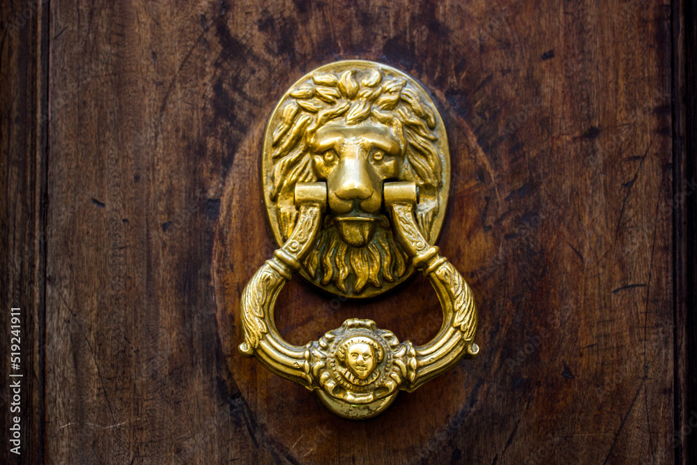 Vintage antique bronze gilt round lion head door handle on a front door, gate. Entrance to a residential building, castle. Detail of exterior, architecture. Door knocker on a wooden brown background.