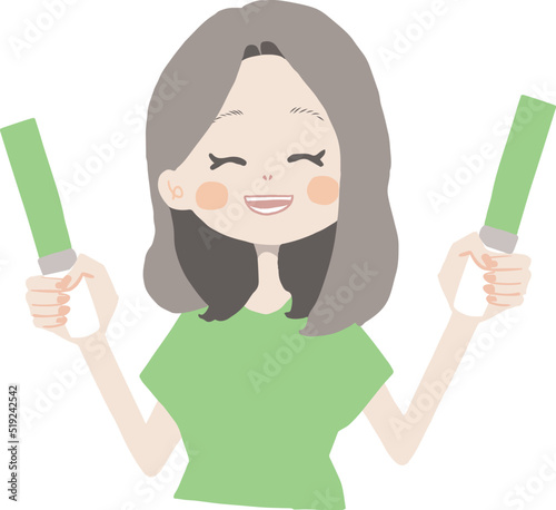 ライブTシャツを着た女の子が笑顔でペンライトを2本持ってを楽しんでいる様子のイラスト