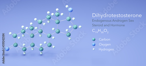dihydrotestosterone, Endogenous Androgen Sex Steroid and Hormone. Molecular formula 3d rendering, Structural Chemical Formula and Atoms with Color Coding, 3d rendering photo