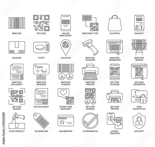 Set of Barcode and QR Code thin line icons for any web and app project.