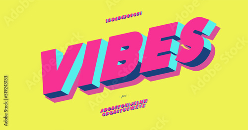 Vibes 3d bold typeface colorful style trendy typography for decoration, logo, party poster, t shirt, book, card, sale banner, printing on fabric, stamp. Cool alphabet. Modern font. Vector 10 eps