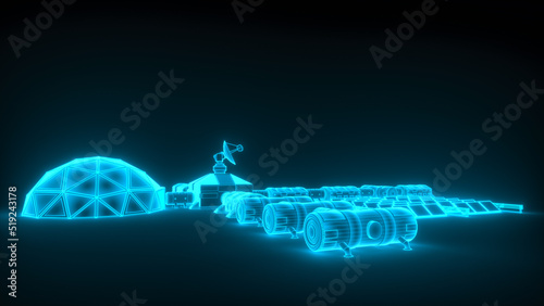 a blue wireframe from a space station outpost (3d rendering)