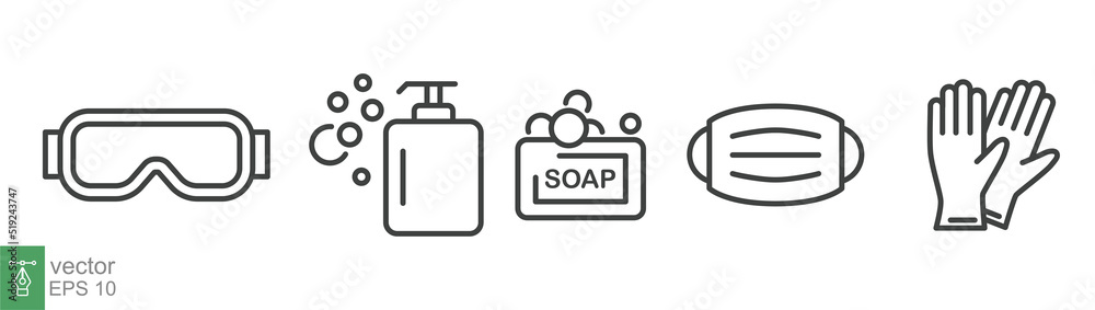 Personal protection equipment icons. Medical mask, latex gloves, soap, dispenser, protective glasses, Coronavirus, covid 19 prevention items. Line, outline symbols isolated. Vector illustration EPS 10 Personal protection equipment icons. Medical mask, latex gloves, soap, dispenser, protective glasses, Coronavirus, covid 19 prevention items. Line, outline symbols isolated. Vector illustration EPS 10