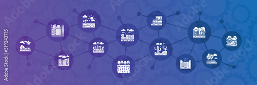 Landscape web banner with white icons set. Bridge, Forest, Garden, Volcano, Windmill illustration. Web banner layout template.