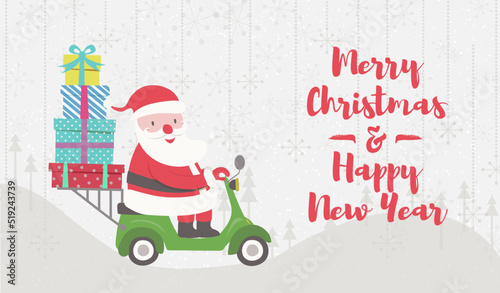 Santa Claus ride on scooter delivery gift - christmas banner concept. Happy New Year greeting card cartoon style. Vector illustration 10 eps