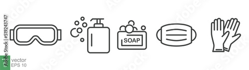 Personal protection equipment icons. Medical mask, latex gloves, soap, dispenser, protective glasses, Coronavirus, covid 19 prevention items. Line, outline symbols isolated. Vector illustration EPS 10