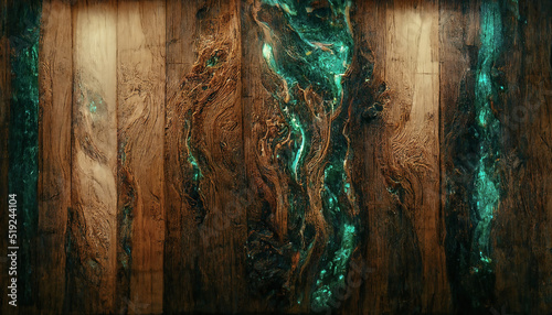 Fototapeta Naklejka Na Ścianę i Meble -  Texture of old dark wood with stain and emerald epoxy in cracks. Beautiful modern wooden background with resin. 3D illustration. Wooden background and green epoxy. Old tree. 3D illustration.