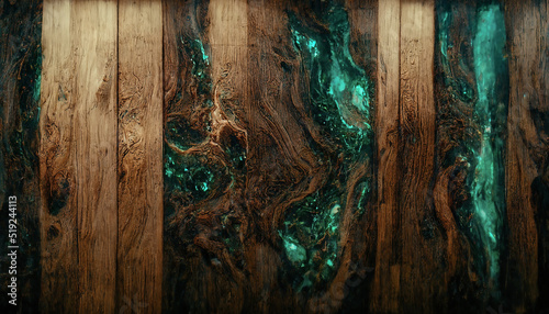 Fototapeta Naklejka Na Ścianę i Meble -  Texture of old dark wood with stain and emerald epoxy in cracks. Beautiful modern wooden background with resin. 3D illustration. Wooden background and green epoxy. Old tree. 3D illustration.