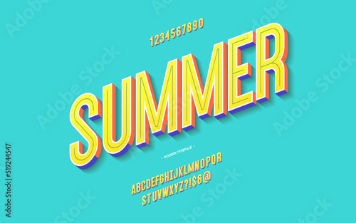 Vector fun summer font 3d bold color style modern typography for decoration, logo, poster, t shirt, book, card, sale banner, printing on fabric, industrial. Cool typeface. Trendy alphabet. 10 eps