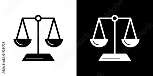 Scale icon. Scales of justice flat icon. Vintage scale in balance and equilibrium. Vector icon of justice scales collection design. Scale botton set.