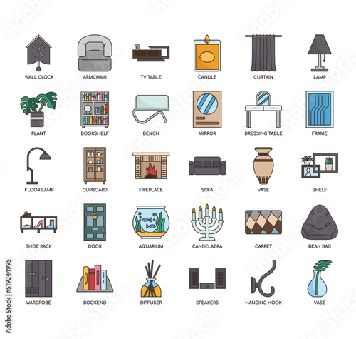 Set of Home decoration thin line icons for any web and app project.