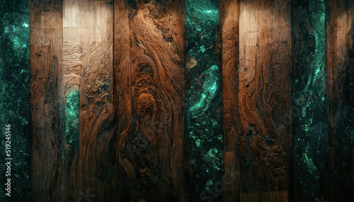 Fototapeta Naklejka Na Ścianę i Meble -  Texture of old dark wood with stain and emerald epoxy in cracks. Beautiful modern wooden background with resin. 3D illustration.