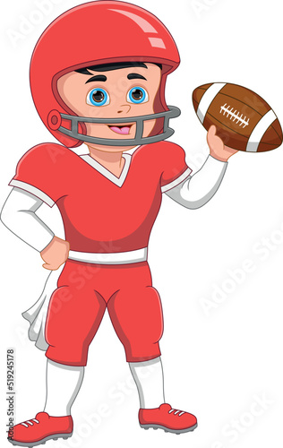 little boy American football player and holding a ball