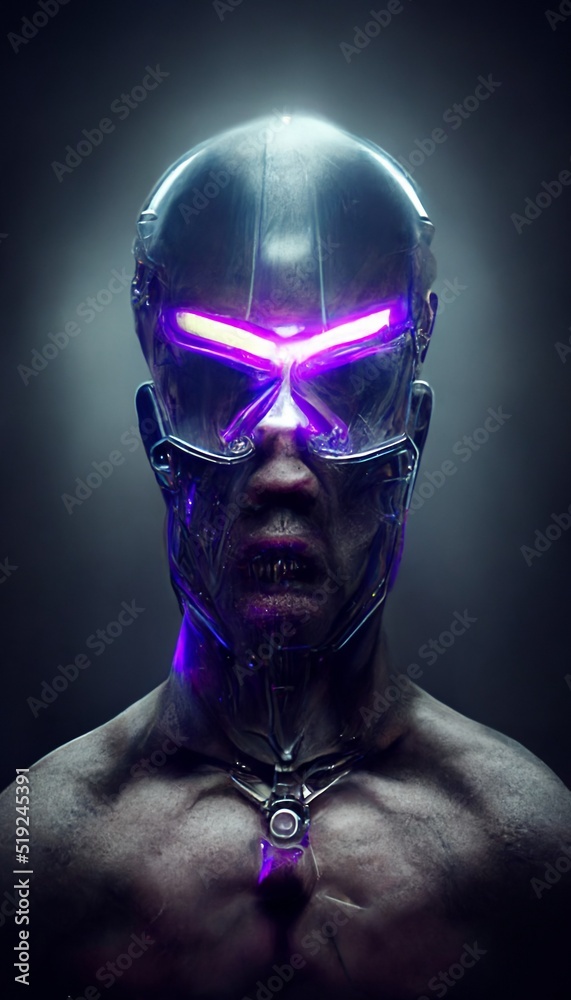 Portrait Of A Neon Futuristic Cyberpunk Warrior With Cyber Eyes A