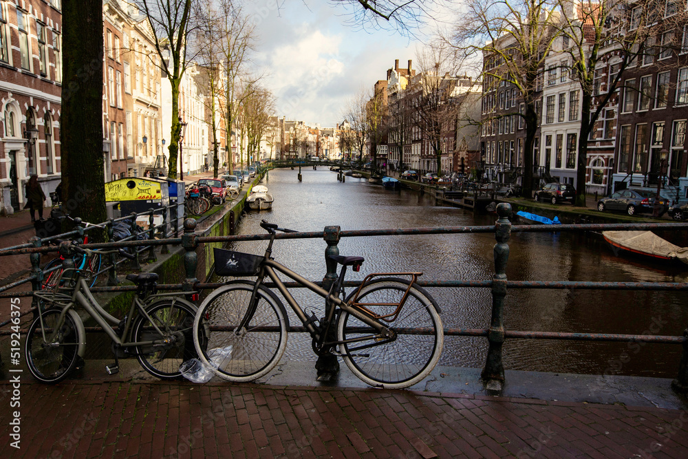 Amsterdam bicycle. Traditional cityscape of Amsterdam town, Netherlands
