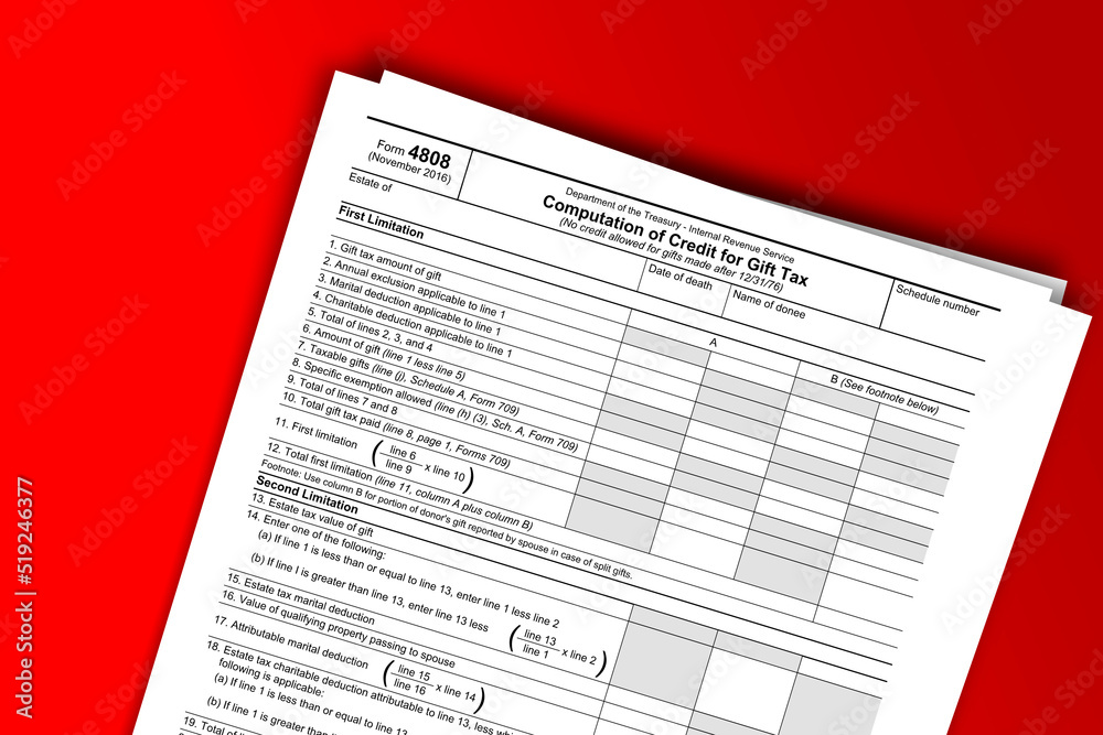 Fototapeta premium Form 4808 documentation published IRS USA 07.18.2018. American tax document on colored
