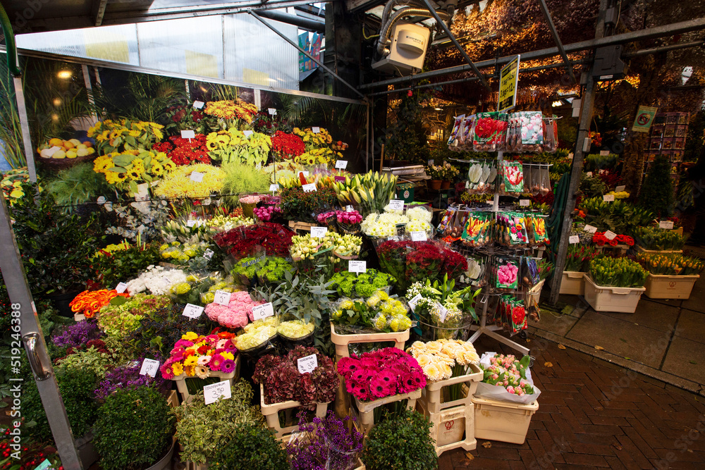 raditional flower market in Amsterdam downtown, Netherlands