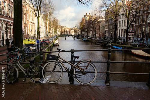 Amsterdam bicycle. Traditional cityscape of Amsterdam town, Netherlands