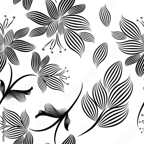 Seamless pattern graphic leaves and flowers from lines. Vector illustration. Free hand drawn trellis.