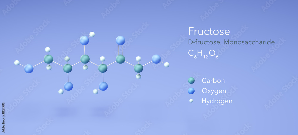fructose, monosaccharide, Fruit Sugar, d-fructose. Molecular formula 3d rendering, Structural Chemical Formula and Atoms with Color Coding, 3d rendering - obrazy, fototapety, plakaty 