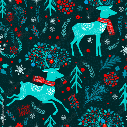 Seamless pattern Christmas deer on a dark background. Vector illustration