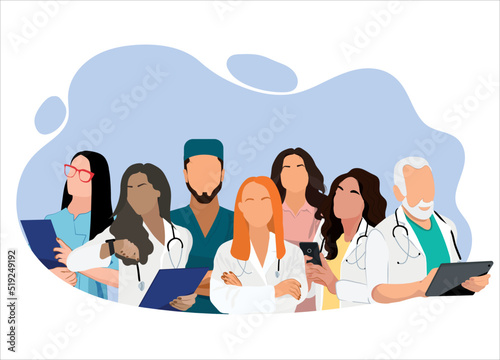 Medical personnel team, character of doctors and nurses wearing a surgical face mask and standing together to fight ills, male and female medical characters set cartoon flat vector illustration.