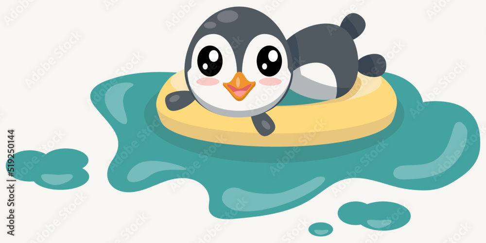 Penguin in swimming pool with swim ring kawaii cartoon illustration