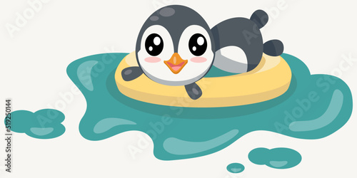 Penguin in swimming pool with swim ring kawaii cartoon illustration