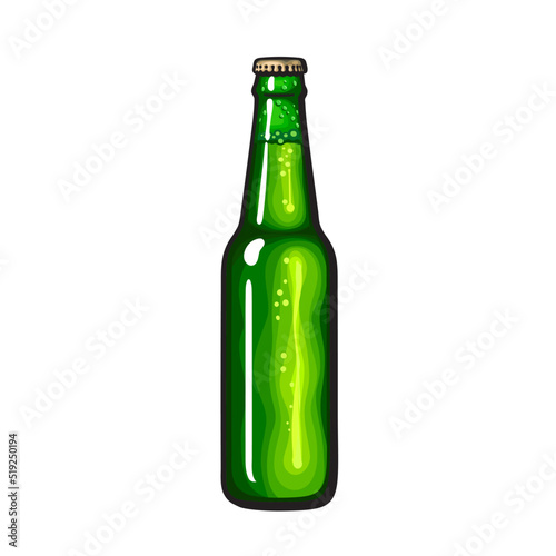 Green bottle of beer, soda or lemonade. Hand drawn vector illustration isolated on white.